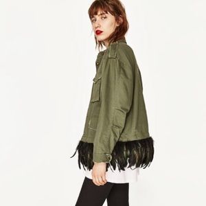 Army Jacket with Detachable Feather Trim